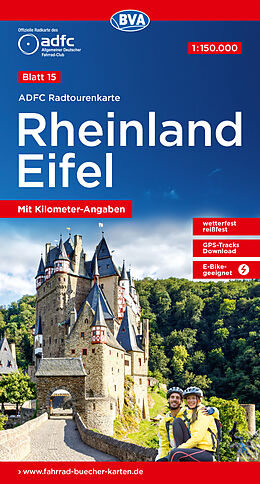 (Land)Karte ADFC-Radtourenkarte 15 Rheinland /Eifel 1:150.000, reiß- und wetterfest, E-Bike geeignet, GPS-Tracks Download, mit Bett+Bike Symbolen, mit Kilometer-Angaben von 