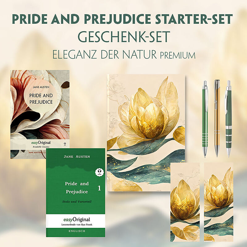 Pride and Prejudice Starter-Paket Geschenkset 2 Bücher (mit Audio-Online) + Eleganz der Natur Schreibset Premium
