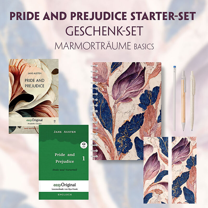 Pride and Prejudice Starter-Paket Geschenkset 2 Bücher (mit Audio-Online) + Marmorträume Schreibset Basics