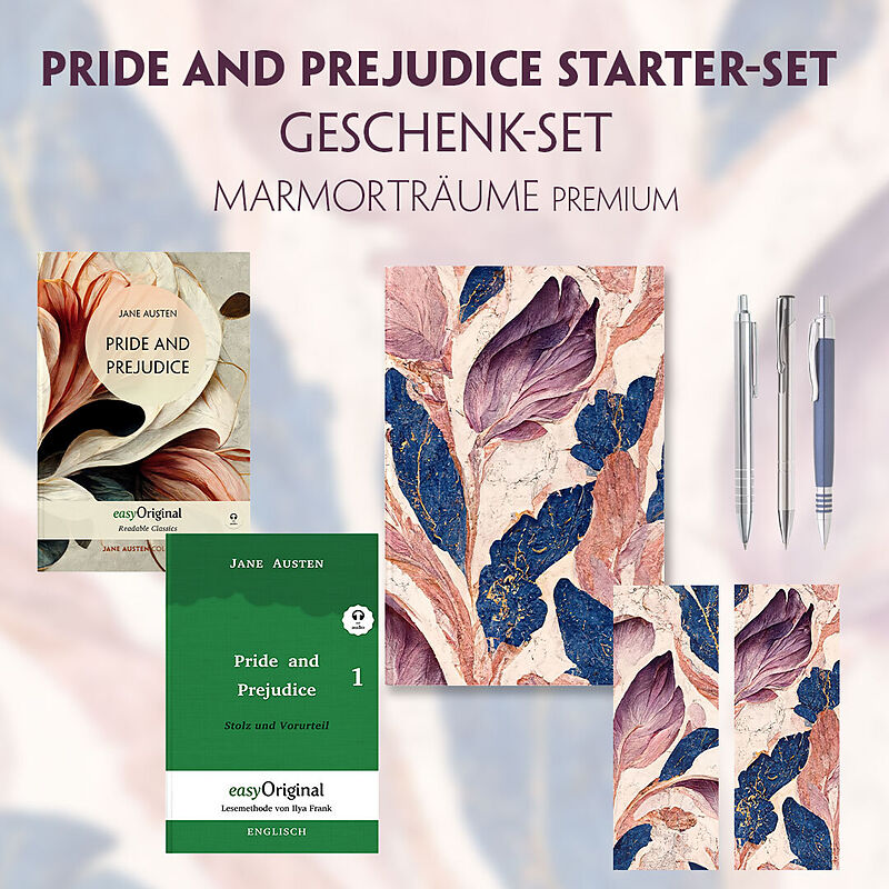 Pride and Prejudice Starter-Paket Geschenkset 2 Bücher (mit Audio-Online) + Marmorträume Schreibset Premium