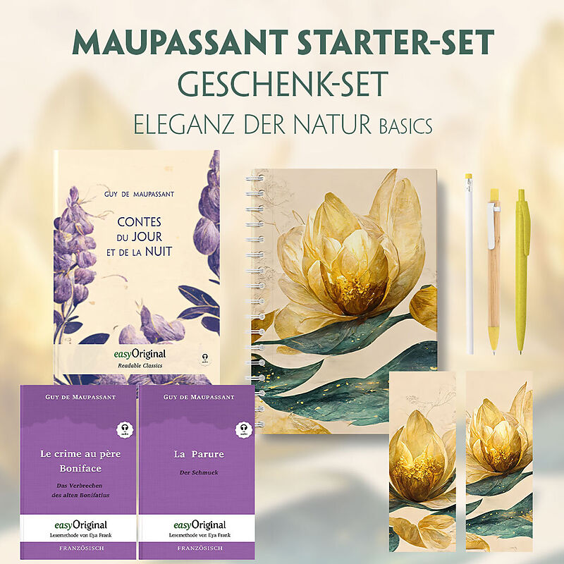 Guy de Maupassant Starter-Paket Geschenkset 3 Bücher (mit Audio-Online) + Eleganz der Natur Schreibset Basics