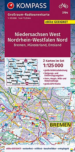 gefaltete (Land)Karte KOMPASS Großraum-Radtourenkarte 3704 Niedersachsen West, Nordrhein-Westfalen Nord 1:125.000 von 