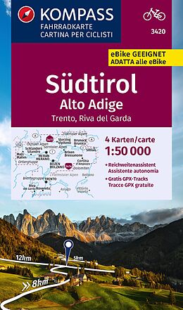 gefaltete (Land)Karte KOMPASS Fahrradkarte 3420 Südtirol / Alto Adige, Trento, Riva del Garda (4 Karten im Set) 1:50.000 von 