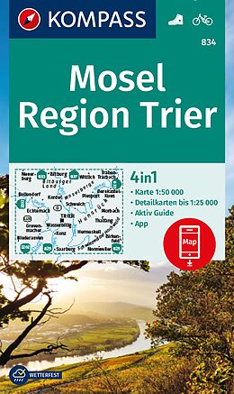 gefaltete (Land)Karte KOMPASS Wanderkarte 834 Mosel, Region Trier 1:50.000 von 