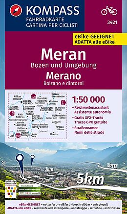 gefaltete (Land)Karte KOMPASS Fahrradkarte 3421 Meran, Bozen und Umgebung 1:50.000 von 