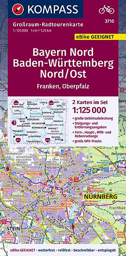 gefaltete (Land)Karte KOMPASS Großraum-Radtourenkarte 3710 Bayern Nord, Baden-Württemberg Nord/Ost 1:125.000 von 
