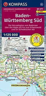 gefaltete (Land)Karte KOMPASS Großraum Fahrradkarte 3711 Baden-Württemberg Süd, die Fahrradregion vom Bodensee über das Allgäu bis zum Schwarzwald und der Schwäbischen Alb; mit Knotenpunkten 1:125.000 von 