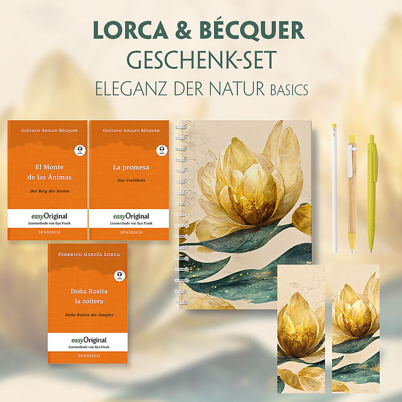 Lorca & Bécquer Geschenkset - 3 Bücher (mit Audio-Online) + Eleganz der Natur Schreibset Basics