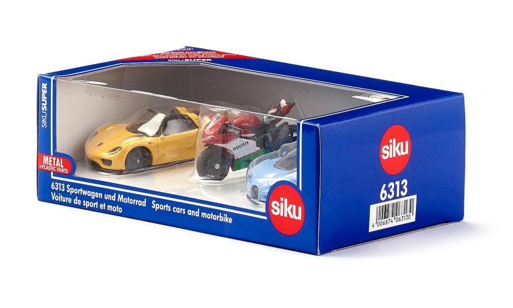 SIKU 6313 - Sportwagen und Motorrad, Geschenkset 3-teilig, (Porsche 918 Spyder, Ducati 1299 Panigale, Bugatti Chiron)